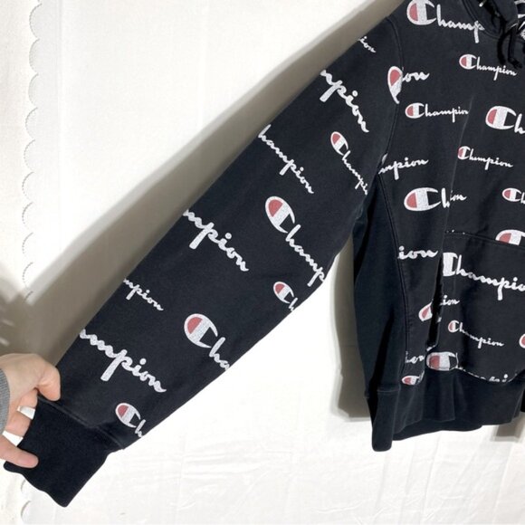 Vintage Champion Reverse Weave Black All Over Logo Print Hoodie M - Picture 12 of 16